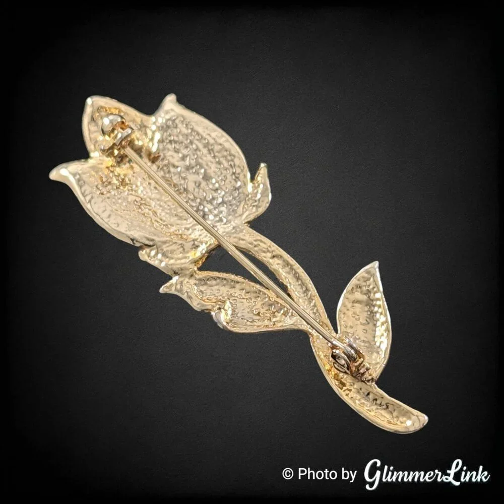 Vintage Peach Enamel Tulip Brooch Gold Tone Glitter Flower Pin